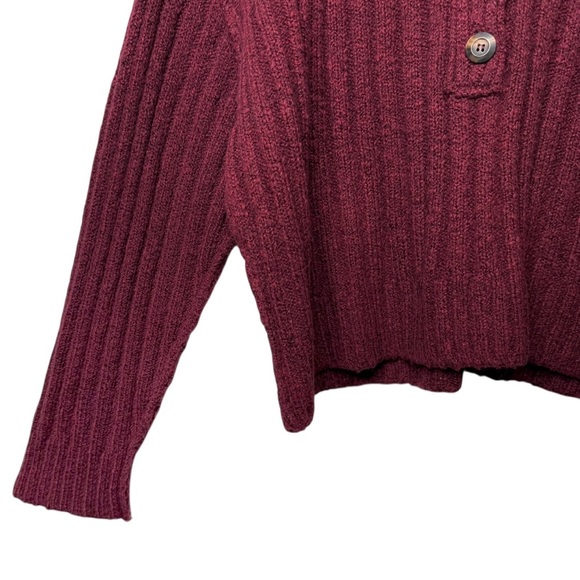 Free People Burgundy Ribbed Chunky Women’s Popover Oversized Henley Sweater Sz M - Picture 5 of 13
